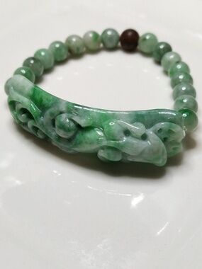 Certified Grade A Burma green jadeite jade hand carved ancient dragon bracelet